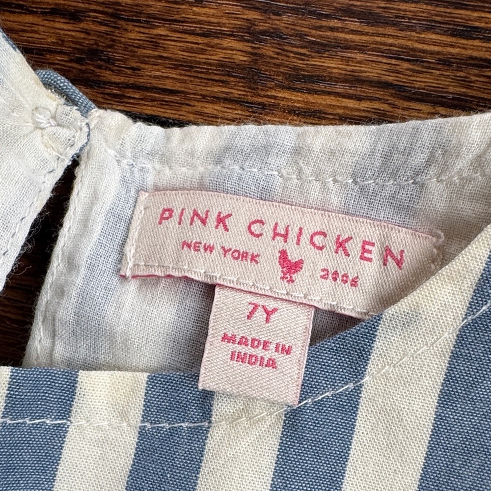 Pink Chicken Striped Blue & White Flutter-Sleeve Kids Dress w/ Floral Appliqué - Picture 7 of 7